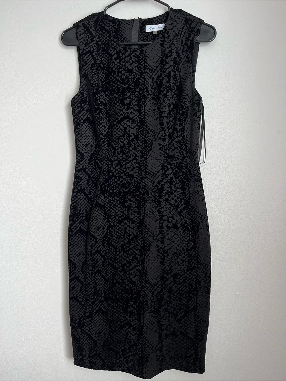 Calvin Klein Black Textured Sheath Dress with Subtle Snake Print